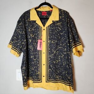 NWT Hugo Boss Egeeno Camp Button Shirt Large Oversized Black Yellow Marble